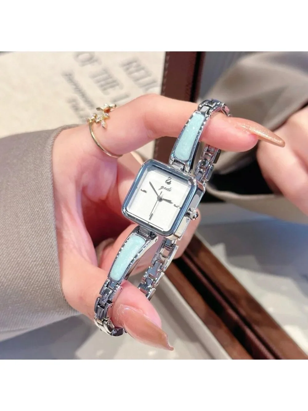 Women's Silver Blue Small Minimalist Square Bracelet Classic Quartz Wrist Watch